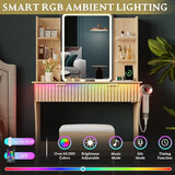 Vanity Desk with LED Lights Mirror & Power Outlet, Small Makeup Vanity Table Set with Storage Drawers & Chair, 3 Lighting Modes & Adjustable Brightness, Dressing Table for Women Girls Bedroom, Oak Xixini