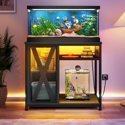 DWVO 40-50 Gallon Aquarium Stand with Power Outlets & LED Light, Cabinet for Fish Tank Accessories Storage - Metal Fish Tank Stand Suitable for Turtle Tank, Reptile Terrarium, 660LBS Capacity - WoodArtSupply