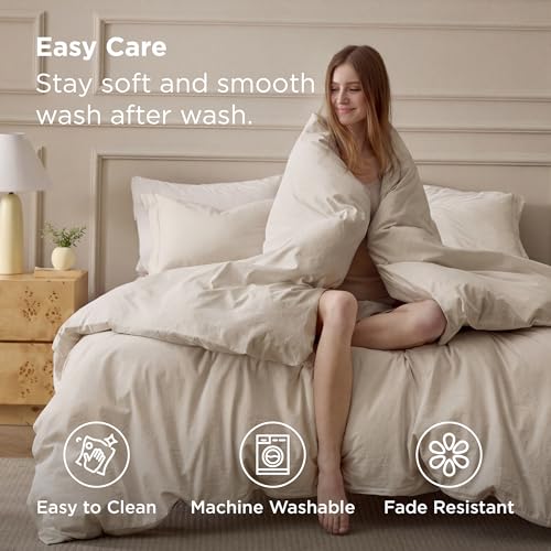 Bedsure 100% Washed Cotton Duvet Cover King Size - Oatmeal Minimalist Cotton Duvet Cover Linen Like for All Seasons - GentleSoft™ Plain Simple Bedding (Oatmeal, King, 104"x90") Bedsure