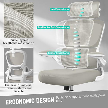BESTFAIR High Back Ergonomic Office Chair, Breathable Mesh Desk Chair with Lumbar Support, Adjustable Headrest, Flip-up Armrests, Computer Gaming Chair, (LightGray, 1Pack) BESTFAIR