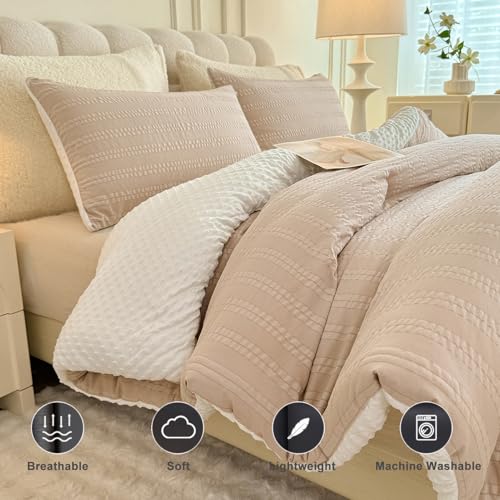 tohrisa Boho Comforter Set Twin Size Striped Pleats Bohemian Seersucker Bedding Set All Season Soft Cozy 2 Pieces Quilt with 1 Pillowcase(68"X90" Beige) tohrisa