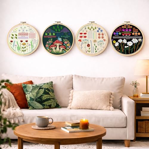 Moni Crafts - Embroidery Kit for Beginners Adults – Learn Embroidery Stitches, Complete Starter Kit with 4 Pre-Printed Patterns (Mushroom & Floral), Threads, Needles & Hoop – Video Tutorials
