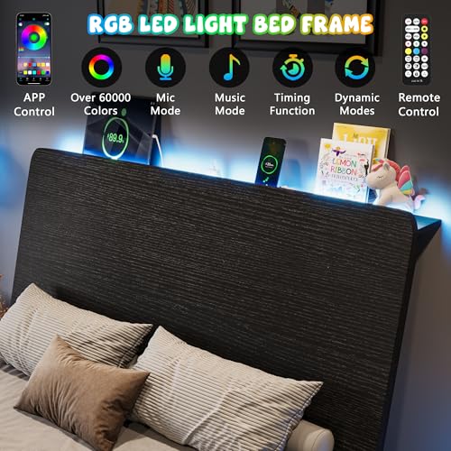 Einhomn Twin Bed Frame with Ergonomic Wooden Storage Headboard, LED Bed Frame with Charging Station, 12" UnderBed Storage, Heavy-Duty Metal Base, No Box Spring Needed, Easy Assembly, Black Einhomn