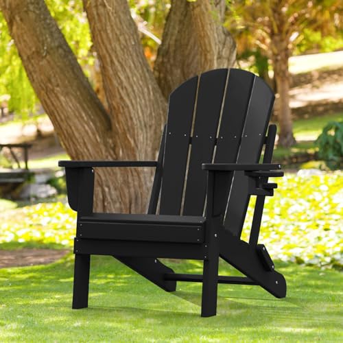 Folding Adirondack Chair with Cup Holder, Poly Lumber Patio Chairs, Wood Texture, Pre-Assembled Weather Resistant Outdoor Chairs for Pool, Deck, Backyard, Garden, Fire Pit Seating, Black POLYDUN