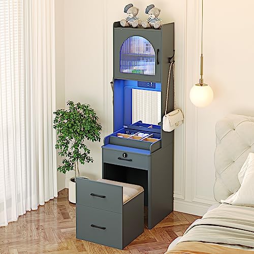 Dystler Makeup Vanity with Mirror and Lights, Vanity Desk with Drawers and Shelves, Makeup Desk with Storage Stool, Compact Vanity Table with Charging Station for Small Space, Grey Dystler