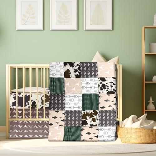Hahafelt 3 Piece Patchwork Western Crib Bedding Set for Boys Girls Cow Cactus Print Baby Bedding Barnyard Western Nursery Decor Soft Baby Bed Set Includes Quilt Fitted Crib Sheet Bed Skirt(Cowboys) Hahafelt