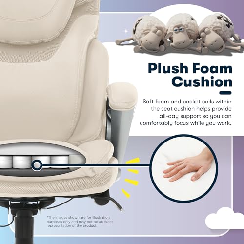 Serta Bryce Executive Office Chair, Ergonomic Computer DeskChairs with Patented AIR Lumbar Support, Comfy Body Pillows, Height Adjustable, Swivel Base with Wheels, Bonded Leather, Cream White Serta