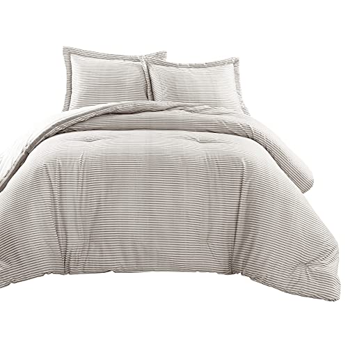 Lush Decor Stripe Reversible Cotton Comforter Set, Cozy Farmhouse Bedding Set, Full/Queen, Gray, 3 Piece Set Lush Decor