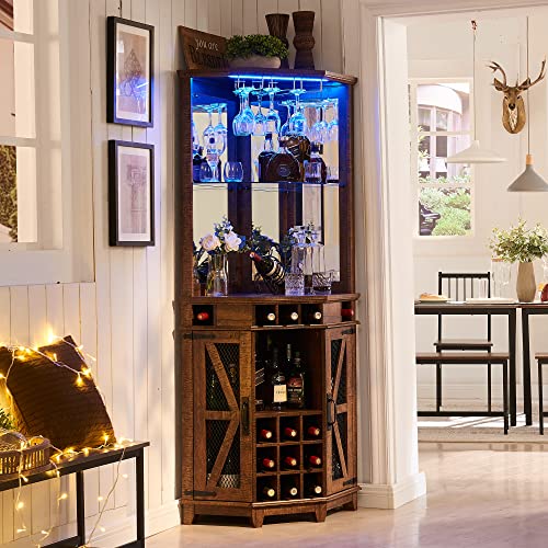 OKD Corner Bar Storage Cabinet, 72" Tall Farmhouse Wine Bar Cabinet w/Barn Door & Adjustable Shelf, Home Bar Cabinet w/LED Light & Glass Rack for Dining Room, Living Room, Kitchen, Reclaimed Barnwood