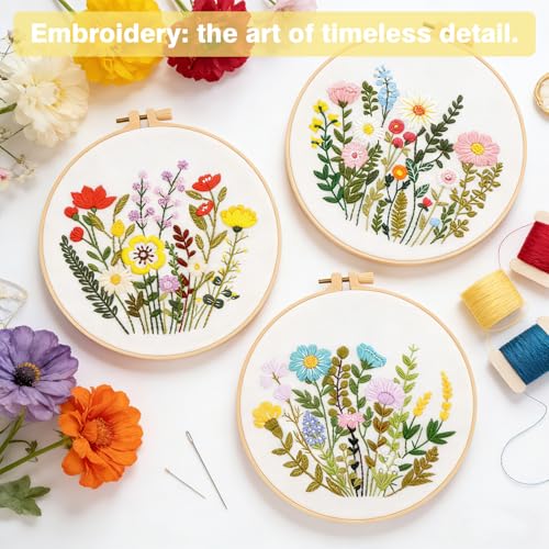 RidaaFri Embroidery Kit for Beginners, Set of 3 Flower Pattern DIY Practice Kits for Adults, Hand Embroidery Set with Step-by-Step Guide & Video Tutorial, Includes Hoop, Needles, Floss