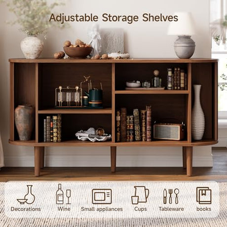 ONBRILL 55" Buffet Sideboard Cabinet with Sliding Doors, Mid-Century Modern Sideboard Buffet Cabinet with Storage & Adjustable Shelves, Accent Coffee Bar Console Table for Kitchen, Entryway, Walnut ONBRILL