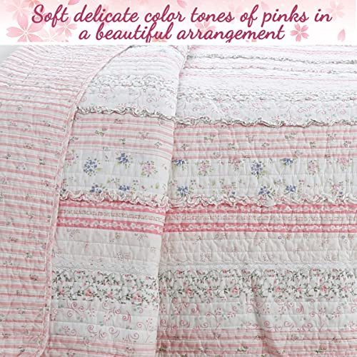 Cozy Line Home Fashions Pink Flower Lace Ruffle Stripe Shabby Chic Girl 100% Cotton Reversible Quilt Bedding Set, Coverlet, Bedspread (Pink Lace, King - 3 Piece: 1 Quilt + 2 Shams) Cozy Line Home Fashions