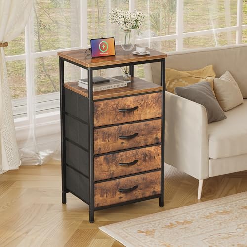 Huuger Night Stand with Charging Station, Set of 2, 4 Drawer Dresser for Bedroom, Bedside Table, 33.9 Inch Tall Nightstand with Open Shelf, End Table, for Closet, Entryway, Bedroom, Rustic Br - WoodArtSupply