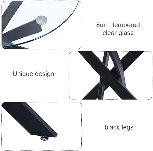 NIERN Round Tempered Glass Dining Table Set for 4, 5-Piece Modern Kitchen Table Set with 4 Upholstered Chair for Kitchen Dining Room (Deep Black) NIERN