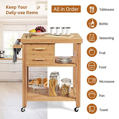 PETSITE Bamboo Kitchen Island Cart, Butcher Block Table on Wheels with Drawers, Shelves, Towel Rack - WoodArtSupply