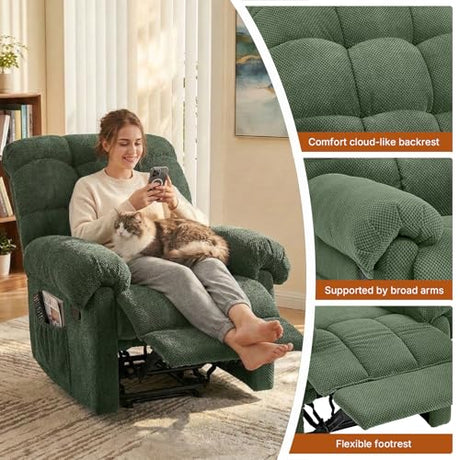Comfy Recliner Chair for Elderly Seniors Adults, Overstuffed Manual Recliner, Ergonomic Back Pain Relief w/Pockets, Reading Apt Bedroom Living Room, Birthday Gift, Green MONNIYU