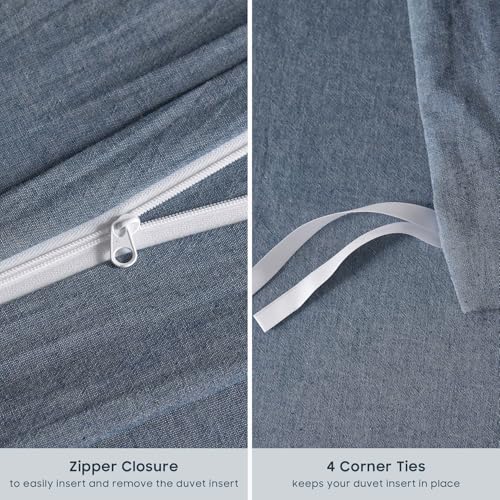Wake In Cloud - Cotton Duvet Cover Set, Twin Size, Chambray Denim Blue, 100% Washed Cotton, Linen Like Textured, Breathable Percale Durable Comfy Farmhouse Neutral Bedding Set, 3 Pieces Wake In Cloud