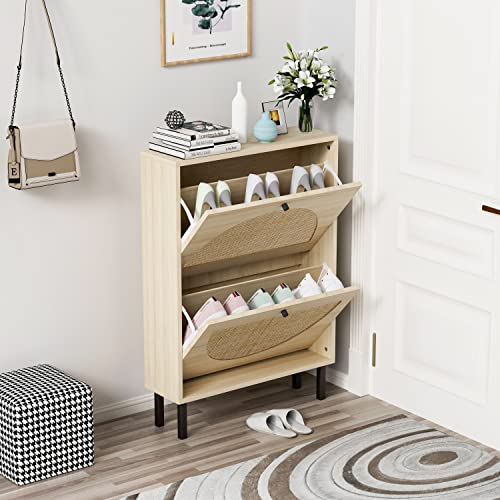 ZeHuoGe Natural Rattan Shoe Cabinet with 2 Flip Drawers, Entrance Hallway Free Standing Shoe Racks with Metal Legs for Heels, Slippers (Natural) ZeHuoGe