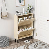 ZeHuoGe Natural Rattan Shoe Cabinet with 2 Flip Drawers, Entrance Hallway Free Standing Shoe Racks with Metal Legs for Heels, Slippers (Natural) ZeHuoGe