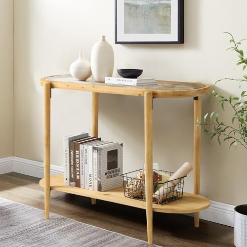 RUSTOWN Rattan Console Table, 2-Tier Boho Entryway Table with Tempered Glass Top and Wood Legs,Mid Century Modern Sofa Table for Hallway, Entryway, Living Room (Natural) RUSTOWN