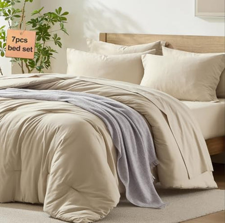 Homelike Moment Queen Comforter Set with Sheets, 7 Piece Beige Comforter Set Queen Size, Full Size Bed in a Bag Lightweight and Machine Washable Homelike Moment