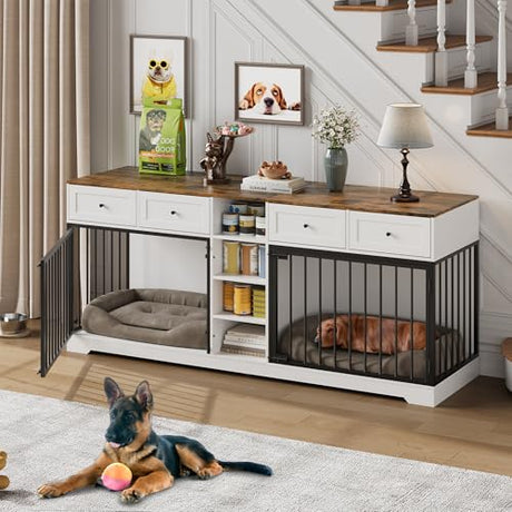 Double Dog Crate Furniture, 82'' Large Dog Kennel Indoor with 4 Drawers and Shelves, Heavy Duty Wooden Dog Crate TV Stand for 2 Large Medium Dogs, White+Brown Garvee