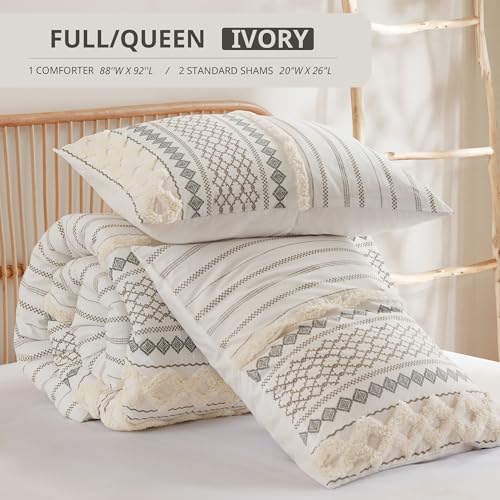 INK+IVY Comforter for Queen Size Bed, Chenille Tufted, Breathable Cotton Comforter Set Queen, All Season Modern Boho Comforter with Farmhouse Bedding Flare, 2 Matching Shams, Queen Ivory 3 Piece INK+IVY