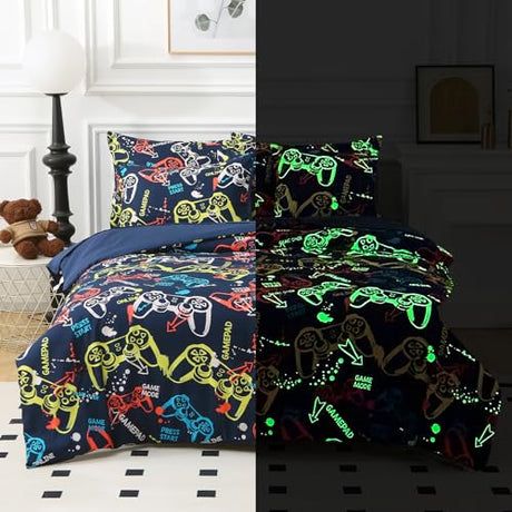 Aqzuxira Glow in The Dark Kids Comforter Set, 3 Pieces Gamepad Pattern Bedding Set Twin Size for Boys Girls Teen, 1 Comforter, 1 Pillowcase, 2 Pillow Shams Aqzuxira