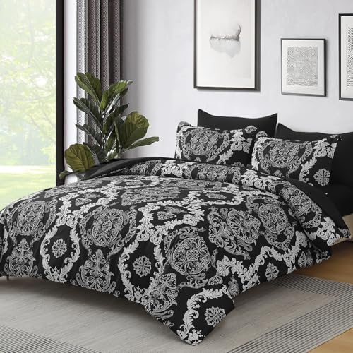 WONGS BEDDING 7 Pieces Comforter Set King Size, Black White Texture Bedding Set for All Season, Damask Soft and Breathable Bed in a Bag with Comforter, Flat Sheet, Fitted Sheet, Pillowcases & Shams WONGS BEDDING