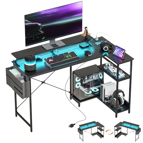 HOMCOM 58" L Shaped Gaming Desk with Power Outlets and LED Lights, Reversible Computer Desk with Monitor Stand, Fabric Storage Bag, Cable Management, for Home Office, Black HOMCOM