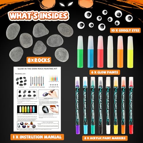 JULEASEL Halloween Rock Painting Kit, Glow in The Dark Rock Craft Paint Kits, Arts and Crafts for Kids Ages 6-12, Halloween DIY Crafts for Girls & Boys with Mess-Free Paint Pens Markers - WoodArtSupply