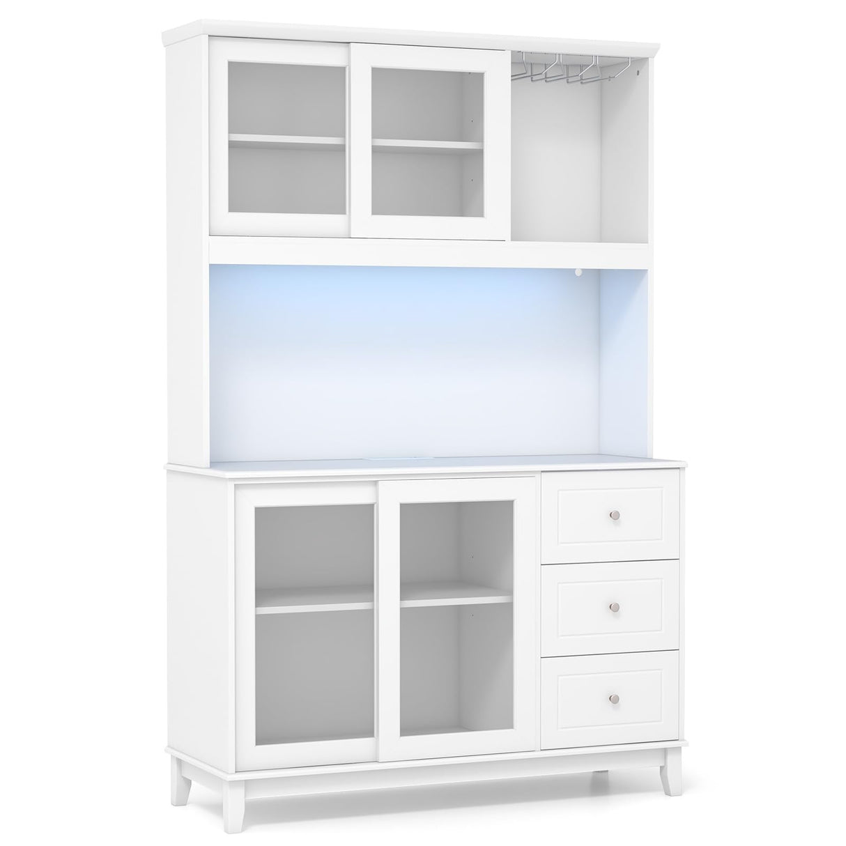 SILKYDRY 73” Kitchen Pantry Storage Cabinet, Buffet Hutch w/Power Outlets & Led Lights, Tall Cupboard w/Wine Glass Racks, Adjustable Shelves, Drawers, Microwave Stand for Dining Room (White) SILKYDRY