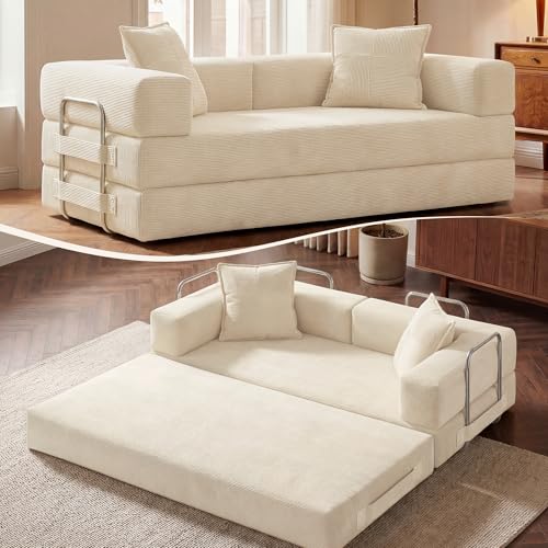 GRUSIGN 78 Inch Convertible Sofa Bed, 5-in-1 Futon Sofa Bed Pull Out Couch, Boneless Couch Bed for Living Room, Corduroy Boneless Couches for Bedroom, Apartment, No Assembly Sleeper Sofa Bed, Beige GRUSIGN