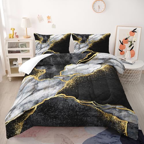 Nttopship Marble Comforter Set Full Size Black Gold Gray Marble Bedding Set Soft Microfiber Minimalist Wind Marble Comforter Sets 3 Pieces with 2 Pillowcases Nttopship