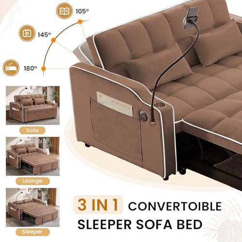 Sleeper Sofa Couch Bed with Phone Holder, Modern 3-in-1 Convertible Velvet Pull Out Loveseat Futon Sofa with USB & Type C Port & Cup Holder for Living Room Bedroom Office KINFFICT