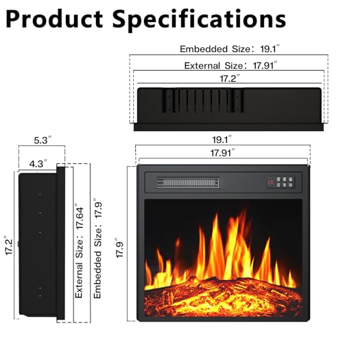 PRETZI 18" Electric Fireplace Insert, Recessed Fireplace Heater with 8H Timer, Remote & Control Panel, Fireplace Insert for TV Stand with Adjustable LED Realistic Flame, 750/1500W PRETZI