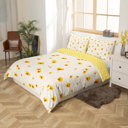 Botanical Duvet Cover Full Yellow Flowers and Grid Floral Garden Pattern Printed on Cream White Bedding Set,Blossom Kawaii Reversible Kids Bedroom Comforter Cover for Teen Toddler,Lightweight,Zipper Erosebridal