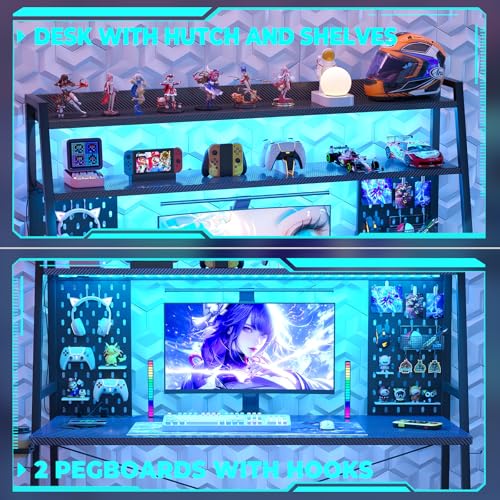 Besiost Gaming Desk with Hutch and LED Lights, Gaming Computer Desk with Power Outlets, Gamer Desk with Storage Shelves, PC Game Desks with Pegboards, for Bedroom, Carbon Fiber Black, 49" Besiost