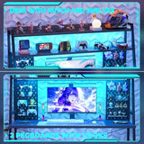 Besiost Gaming Desk with Hutch and LED Lights, Gaming Computer Desk with Power Outlets, Gamer Desk with Storage Shelves, PC Game Desks with Pegboards, for Bedroom, Carbon Fiber Black, 49" Besiost