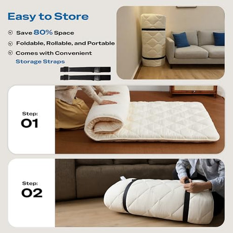 Aircliff Japanese Floor Futon Mattress, Tatami Mat Sleeping Pad, Shikibuton, Mattress Topper, Boys Girls Roll Up Dormitory Mattress, Foldable & Portable Floor Lounger Bed, Guest Bed (Cream, Twin) Aircliff