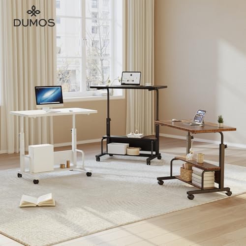 DUMOS 31.5" Manual Standing Desk, Height Adjustable Mobile Computer Desk with Lockable Wheels & 2-Tier Storage, Rolling Laptop Table for Small Spaces & Home Office, White DUMOS