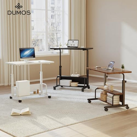 DUMOS 31.5" Manual Standing Desk, Height Adjustable Mobile Computer Desk with Lockable Wheels & 2-Tier Storage, Rolling Laptop Table for Small Spaces & Home Office, White DUMOS
