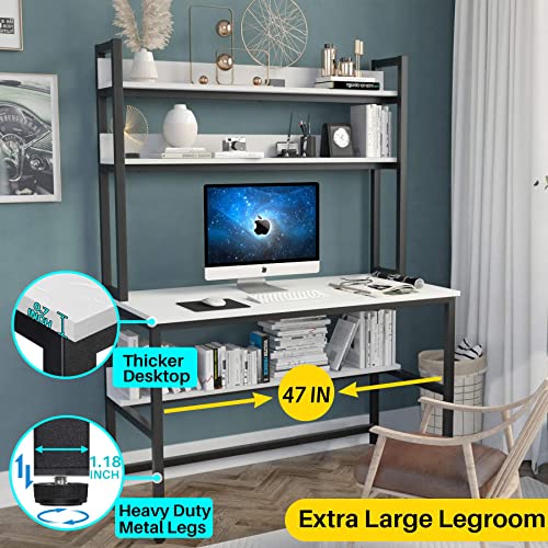 Aquzee 47 Inch White Computer Desk with Hutch and 3-Tier Bookshelf for Home Office - WoodArtSupply