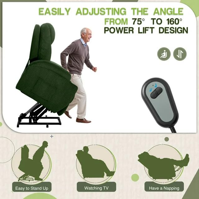 Electric Power Lift Recliner Chair with Massage for Elderly Corduroy Fabric Recliner Single Sofa with Cup Holders, Side Pockets and Remote Control for Living Room Bedroom (Green) Furmax