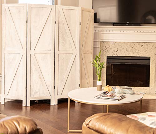 Premium Home 4-Panel Room Divider – Rustic White Barn Door, K Pattern Folding Privacy Screen, Partition Wall Premium Home Decor