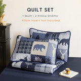 Wake In Cloud - Rustic Quilt Set, Cabin Lodge Christmas Bear Moose Deer Wildlife Western Patchwork Country, Reversible Lightweight Bedspread Coverlet, 3 Pieces, Blue Beige, King Size Wake In Cloud