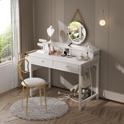 Lufeiya Small White Desk with Fabric Drawers for Bedroom, 32 inch Vanity Makeup Desk with Drawers Storage for Home Office, Writing Study Table with Power Outlet & Monitor Stand, White - WoodArtSupply