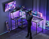 MOTPK 45 Inch L Shaped Gaming Desk with Power Outlet & LED Lights, Computer Table with Corner Desktop Showcase for CPU Stand, Display Storage Shelf, Carbon Fiber Surface, Black MOTPK