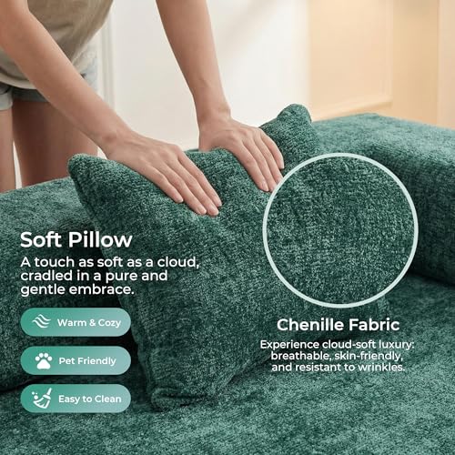 WELAX 77" Convertible Sleeper Sofa Bed, Boneless Cloud Queen Futon Couches with 2 Pillows & Removable Armrests, Chenille Folding Floor Couch No Assembly for Bedroom, Living Room, Green WELAX