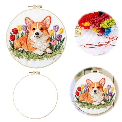 jinglinhh Embroidery Starter Kit Corgi Dog Tulip Flower for Adult Beginners, DIY Stamped Cross Stitch Kit Kit with Hoops, Threads & Embroidery Cloth, Needlework Craft Gift for Women
